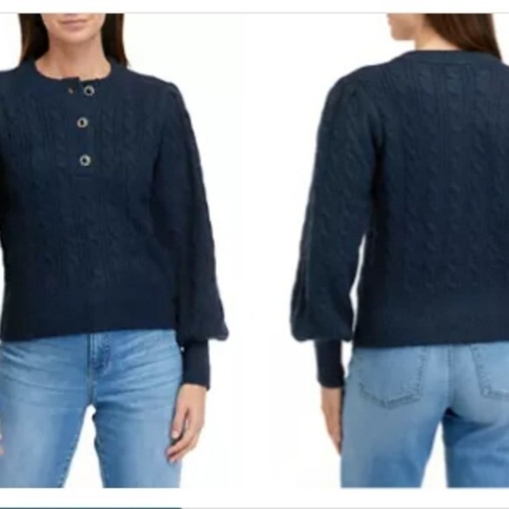 Biltmore Jeweled Button Cable Knit Henley Balloon Sleeve Sweater Size M‎